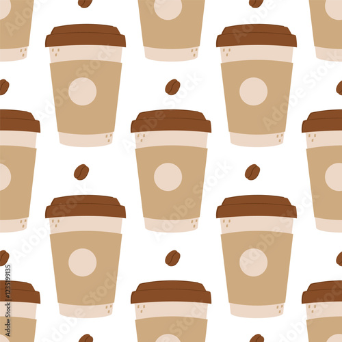 A cute seamless pattern with coffee beans and a hot drink in disposable plastic cup. Caffeine beverage print. Background, wallpaper, wrapping paper, notebook, cover, fabric, textile template.