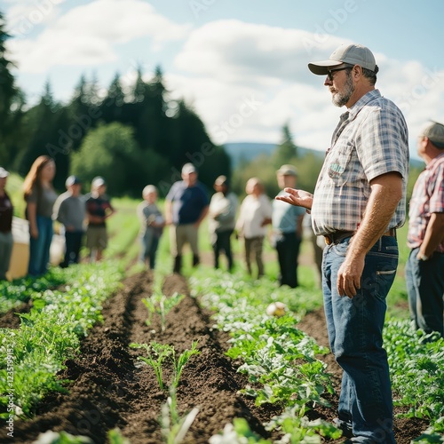 A man stands in a field of vegetables with a group of people around him