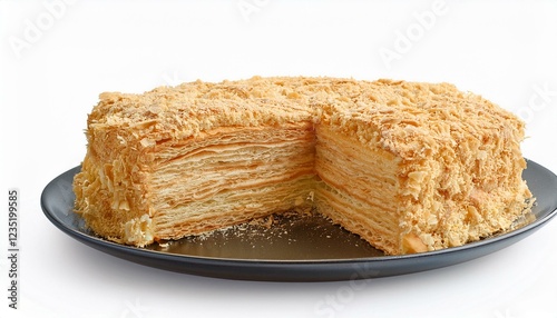 napoleon cake slice on white background isolated with clipping course