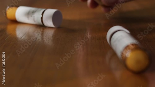 Homeopathic globoli falling in table in slow motion.