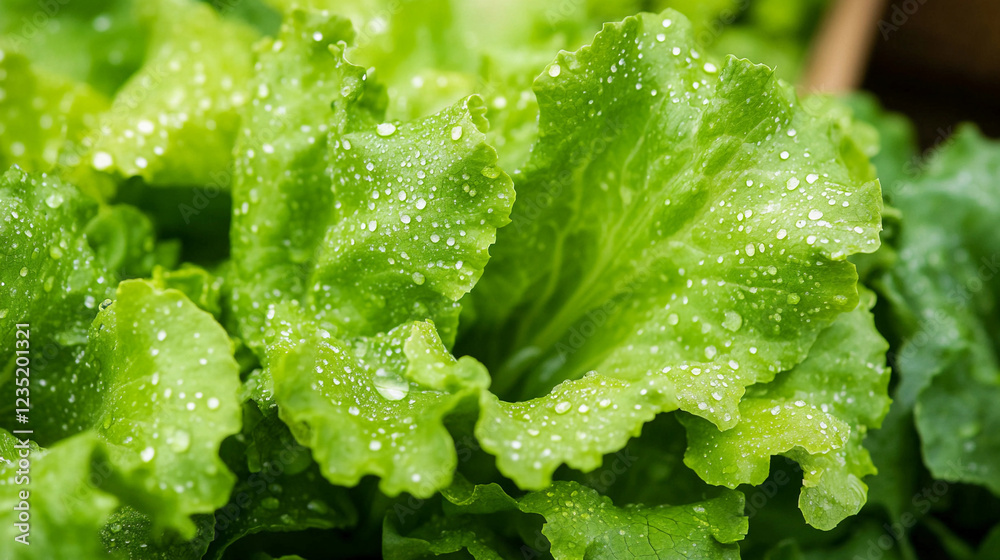 Fresh droplets on vibrant green lettuce leaves, showcasing their natural texture and moisture in a farm fresh setting. Generative AI Fresh droplets on vibrant green lettuce leaves, showcasing their natural texture and moisture in a farm fresh setting. Generative AI