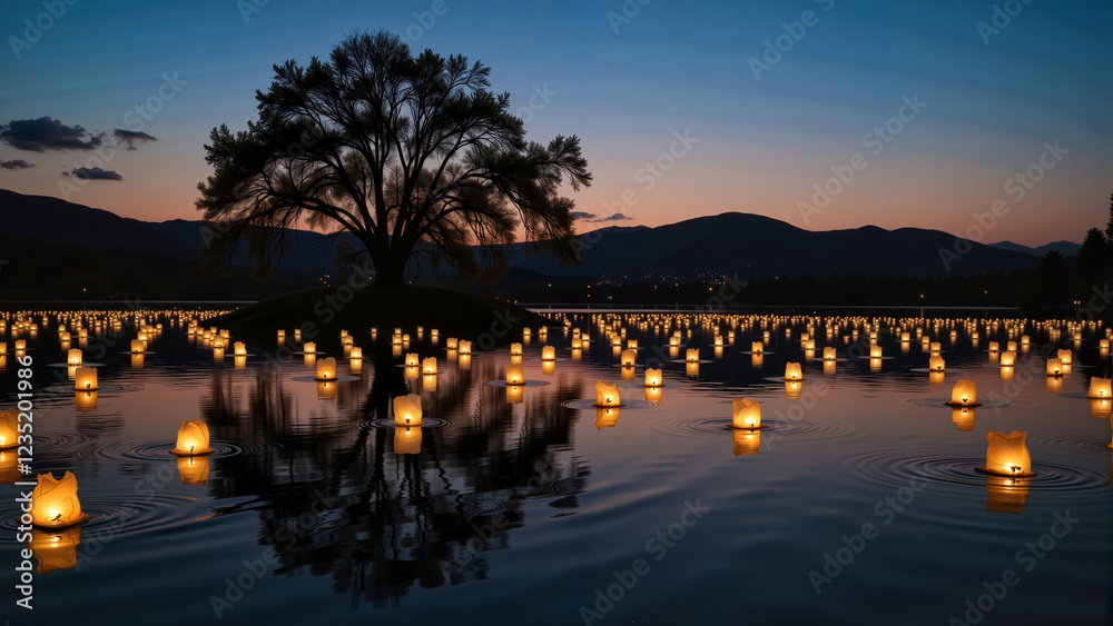 Obraz premium Willow tree reflecting on lantern-lit pond at twilight, serene peace