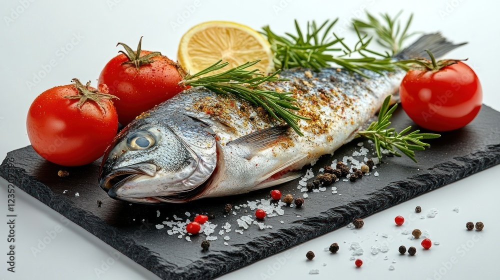 Freshly seasoned fish, herbs, and vegetables on slate board Freshly seasoned fish, herbs, and vegetables on slate board