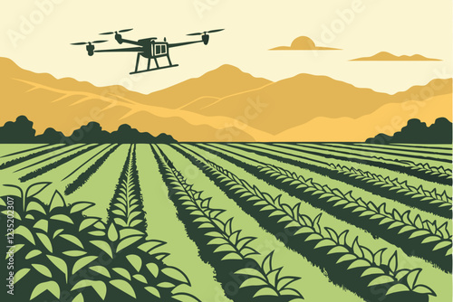 Drone flying over agricultural field, misty morning light, lush green crops, precision farming, cinematic landscape, golden hour, mountain silhouettes in background, advanced agricultural technology, 