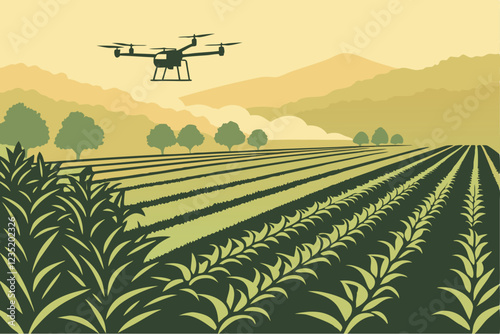 Drone flying over agricultural field, misty morning light, lush green crops, precision farming, cinematic landscape, golden hour, mountain silhouettes in background, advanced agricultural technology, 