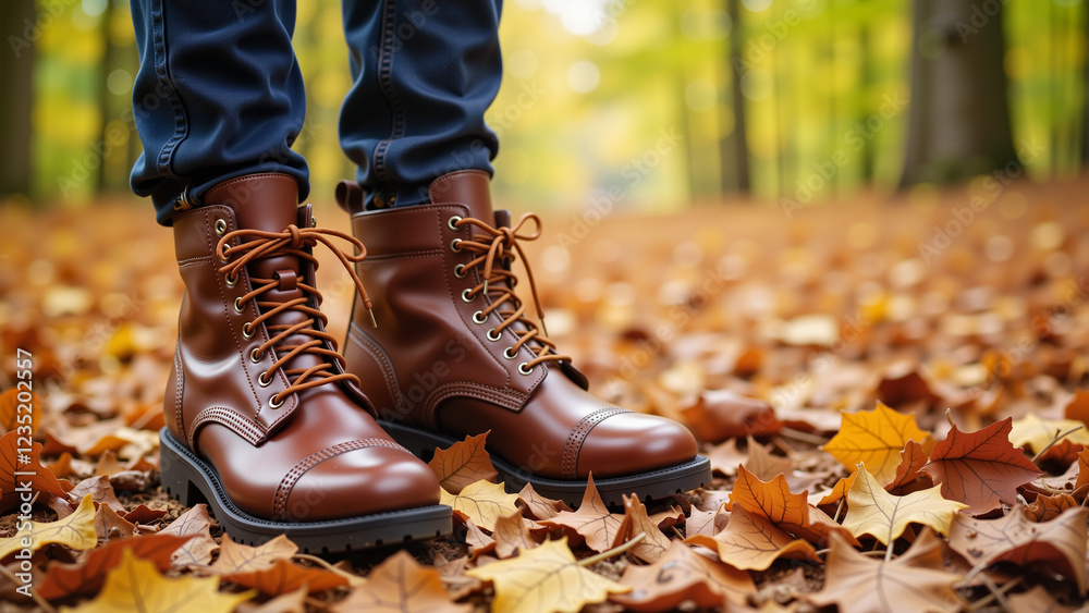 Stylish boots on autumn leaves in a sunlit forest, adventure awaits Stylish boots on autumn leaves in a sunlit forest, adventure awaits