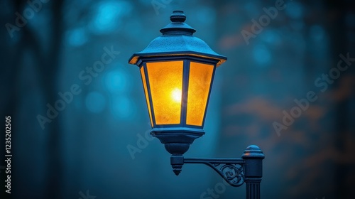 Frozen Winter Lantern, Misty Forest, Night photo