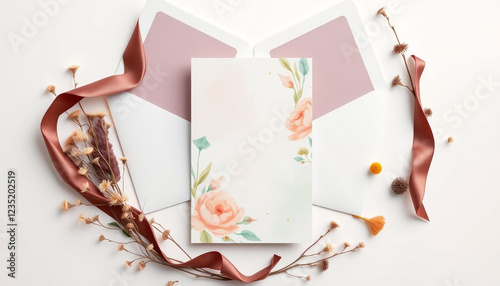 Wedding invitation cards with floral designs placed on a white surface with decorative ribbons and dried flowers, capturing elegance and beauty. photo