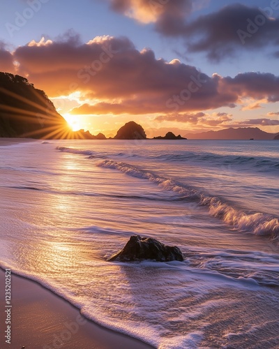 Breathtaking Hahei Beach at sunset with golden light reflecting on the waves, creating a peaceful coastal scene. photo