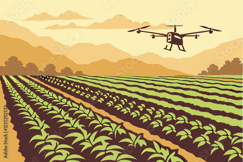 Drone flying over agricultural field, misty morning light, lush green crops, precision farming, cinematic landscape, golden hour, mountain silhouettes in background, advanced agricultural technology, 