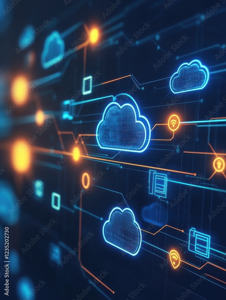 Obraz premium Networked cloud computing concept with bright, interconnected icons and glowing storage points