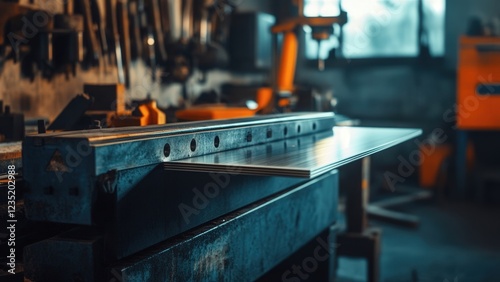 Metalworking Bench with Equipment and Tools in Workshop Setting