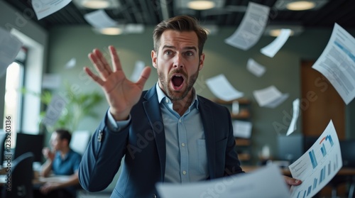 An office worker finds themselves in a whirlwind of chaos as papers swirl around in a bustling, contemporary workplace during a hectic afternoon