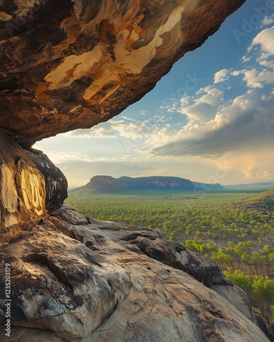 Ancient Aboriginal rock art under a weathered rock overhang, overlooking a vast green savanna in Kakadu National Park.