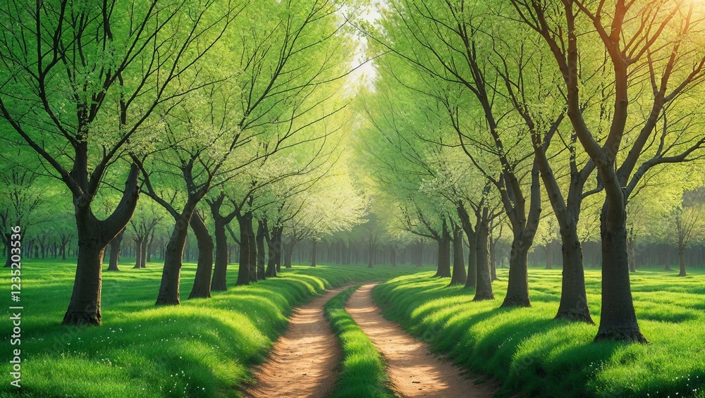 Fototapeta premium Scenic tree-lined path in a lush green forest