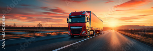 A powerful red truck speeds down an open road at sunset, capturing a spirit of freedom and adventure.