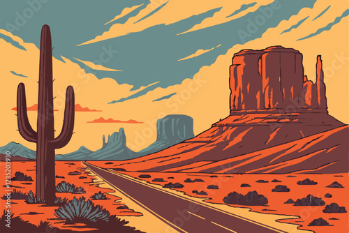  Desert highway, Monument Valley, dramatic sunset, towering red rock formations, saguaro cactus, pixel art style, vibrant colors, orange and blue contrast, dusty landscape, wispy clouds, long straight