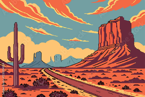  Desert highway, Monument Valley, dramatic sunset, towering red rock formations, saguaro cactus, pixel art style, vibrant colors, orange and blue contrast, dusty landscape, wispy clouds, long straight
