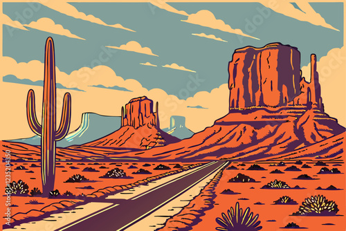  Desert highway, Monument Valley, dramatic sunset, towering red rock formations, saguaro cactus, pixel art style, vibrant colors, orange and blue contrast, dusty landscape, wispy clouds, long straight