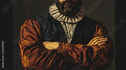 Historical nobleman portrait wearing elegant clothes posing with crossed arms. Renaissance Portrait. Illustration