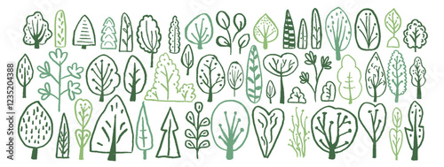 Cute childish vector illustration of tree and bush in green forest. Abstract eco design uses crayon, chalk, and pencil texture with simple lines and shapes. Flat linear outline, nature icon, landscape