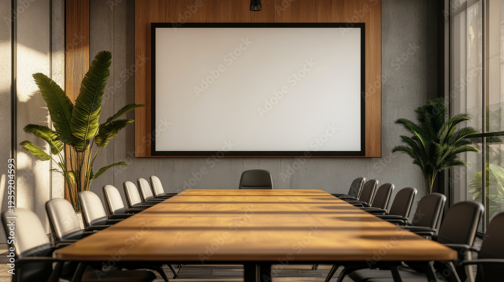 Fototapeta premium Modern Conference Room – Sleek Wooden Table, Ergonomic Chairs & Presentation Screen