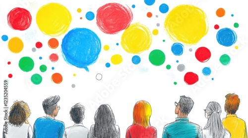 A group of people looking up at colorful circles floating in the air.