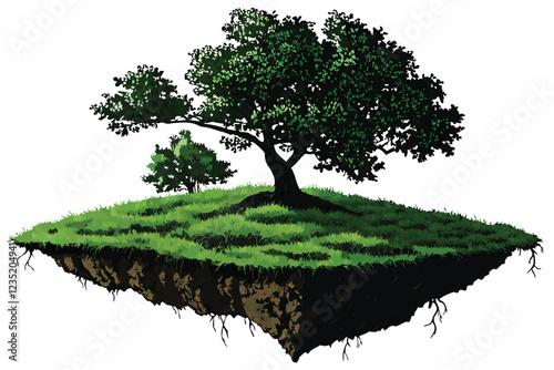Floating island, lush green grass, verdant meadow, circular shape, dense foliage, floating dirt platform, isolated ecosystem, vibrant green hues, realistic rendering, high detail, surreal landscape, f