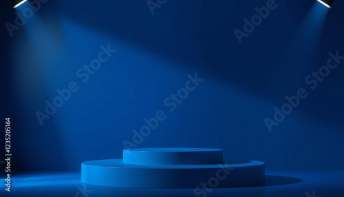 Blue circular podium in a dark studio with bright lights and a dramatic setting, ideal for presentations, performances, or creative product displays with a striking visual style. photo