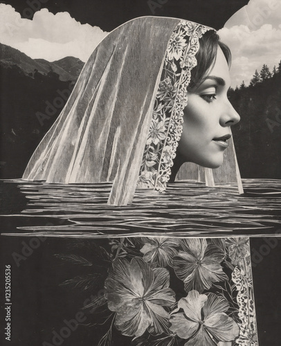 Ethereal Veiled Woman Emerging from Water in a Surreal Landscape