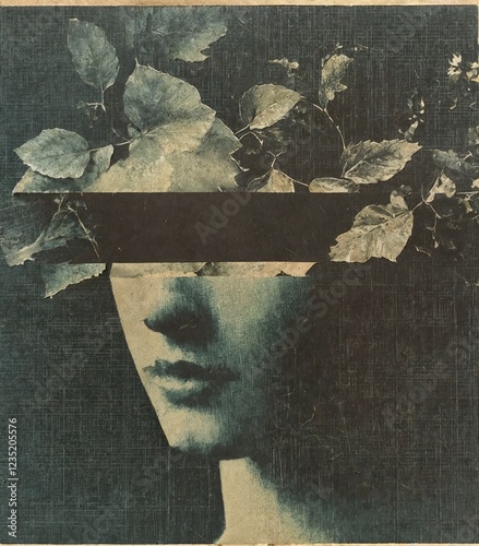 Surreal Female Portrait with Blindfold and Leaves, Symbolizing Inner Vision
