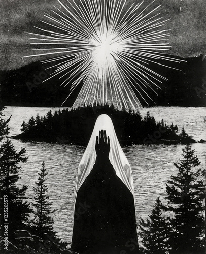 Mystical Figure in a Veil Praying Under Radiant Light Over a Lake