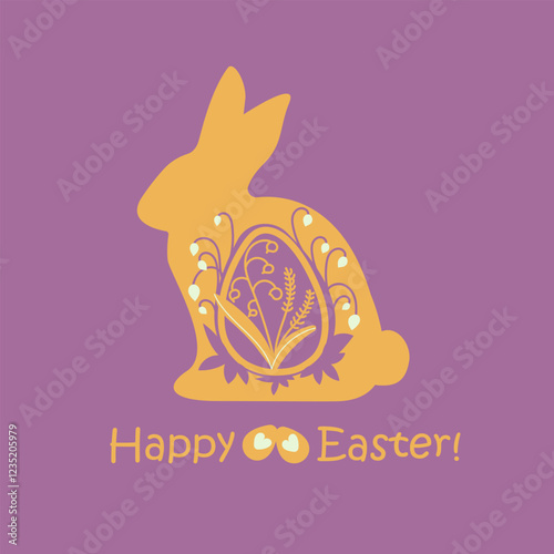 The silhouette of the Easter bunny is decorated with flowers on a violet background.Happy Easter, decorated easter card, banner. Bunnies, Easter eggs, flowers and basket. Folk style patterned design.