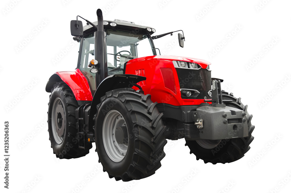 Big red agricultural tractor, front view Big red agricultural tractor, front view