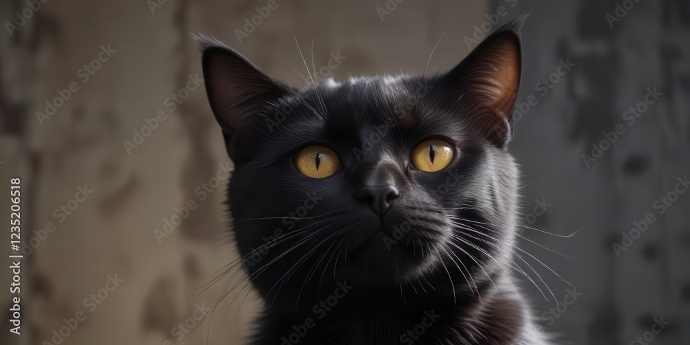 Fototapeta premium A black cat with a paw print on its forehead and a subtle smile, animal lover, mystery