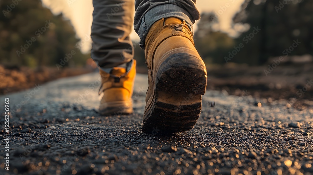 Close Up of a construction worker's leg while walking on street Close Up of a construction worker's leg while walking on street