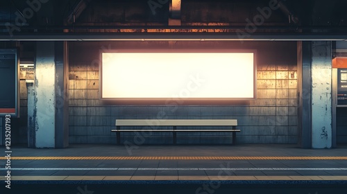 A minimalist train station platform featuring a blank billboard and a bench.