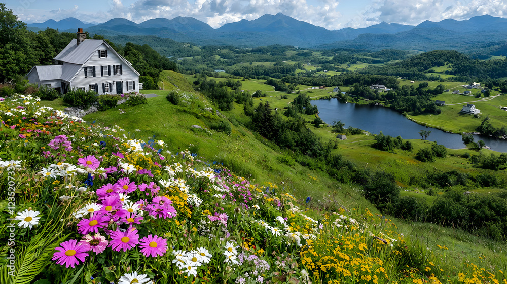Hilltop house, wildflowers, lake, mountain view, scenic postcard