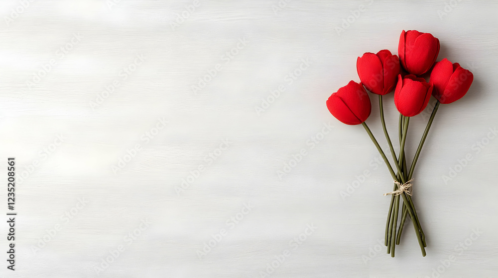 Obraz premium Red tulips tied in a bouquet lie on a light grey textured background.