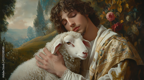 Classical oil painting style portrait of jesus tenderly embracing a white lamb against pastoral backdrop, warm renaissance lighting, rich earth tones. Renaissance Portrait. Illustration
