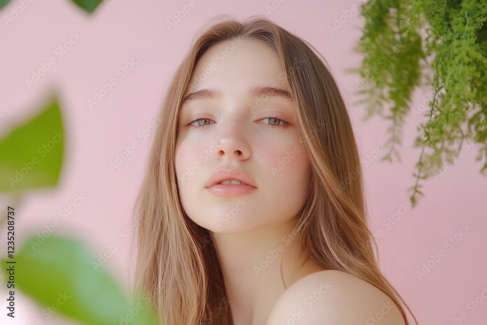 Woman, beauty, portrait, pink, plants, serene, studio, skincare Woman, beauty, portrait, pink, plants, serene, studio, skincare