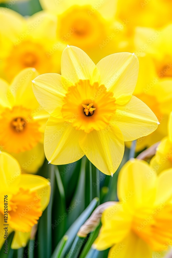 Yellow daffodils in full bloom with a blurred floral background in soft sunlight. Yellow daffodils in full bloom with a blurred floral background in soft sunlight.