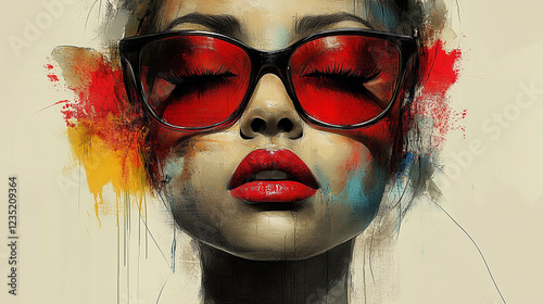 Portrait of a young woman with illustration style sunglasses