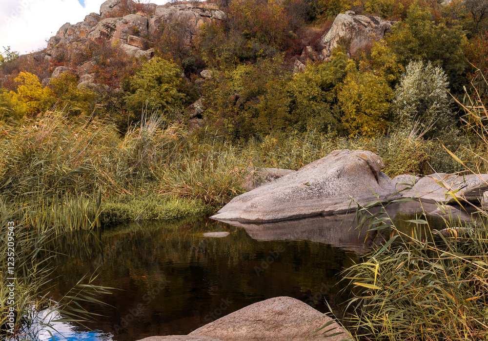 Beautiful blue lake with boulder figures