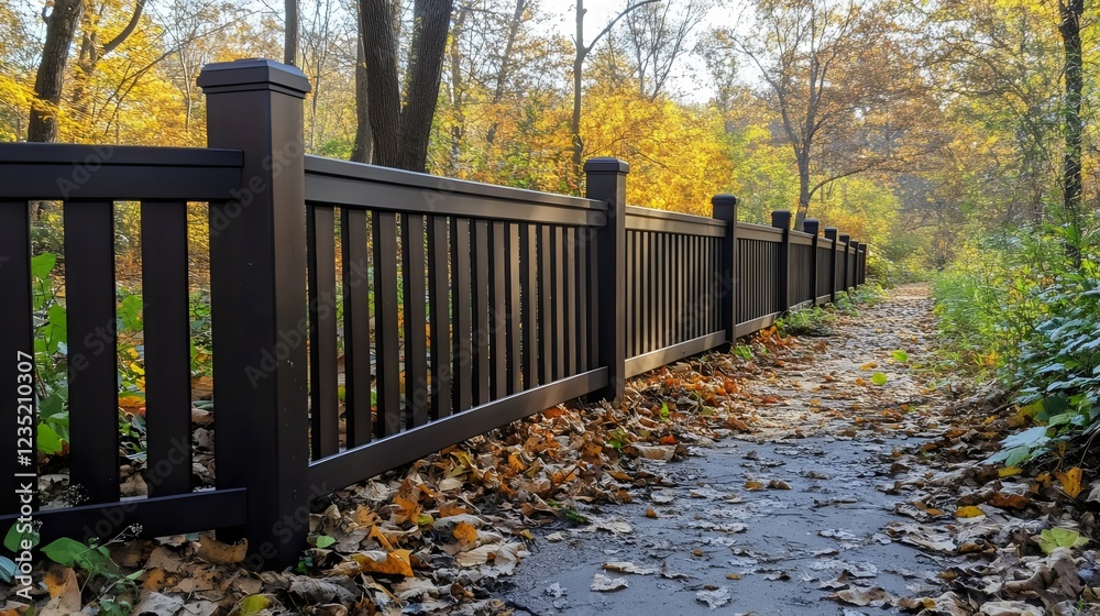 A black fence with a path in front of it A black fence with a path in front of it