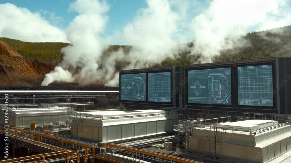 A geothermal power plant in a volcanic region, with steam rising from the ground A geothermal power plant in a volcanic region, with steam rising from the ground