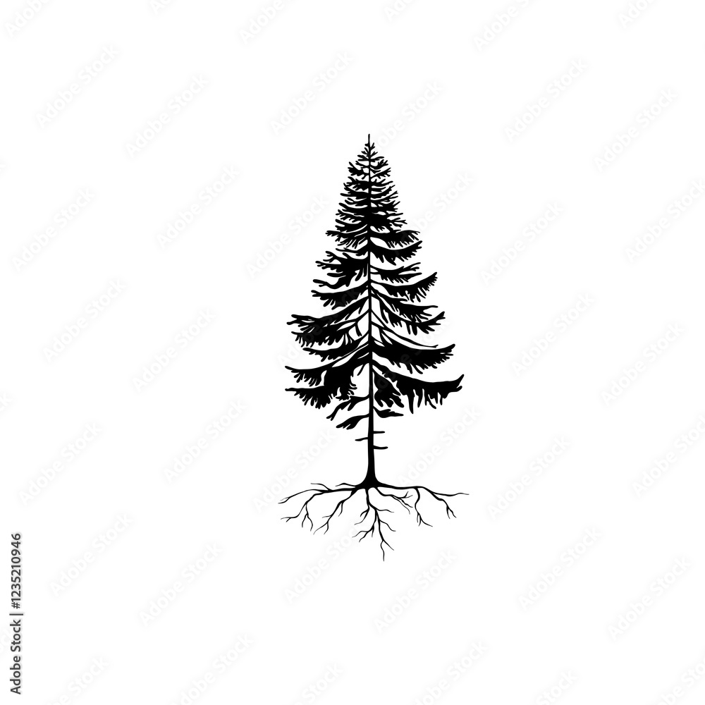 Obraz premium Spruce tree drawn with a black outline. Isolated on white background. Illustration