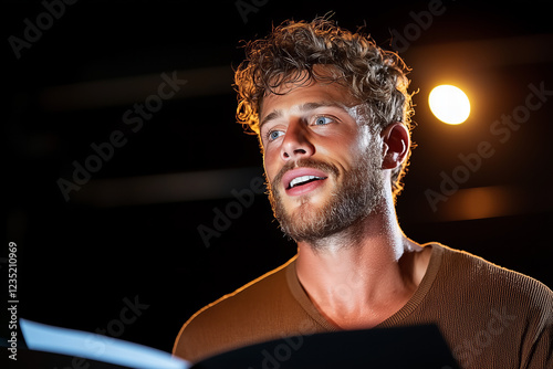 Closeup Portrait of a Bearded Man Singing on Stage Under a Spotl photo