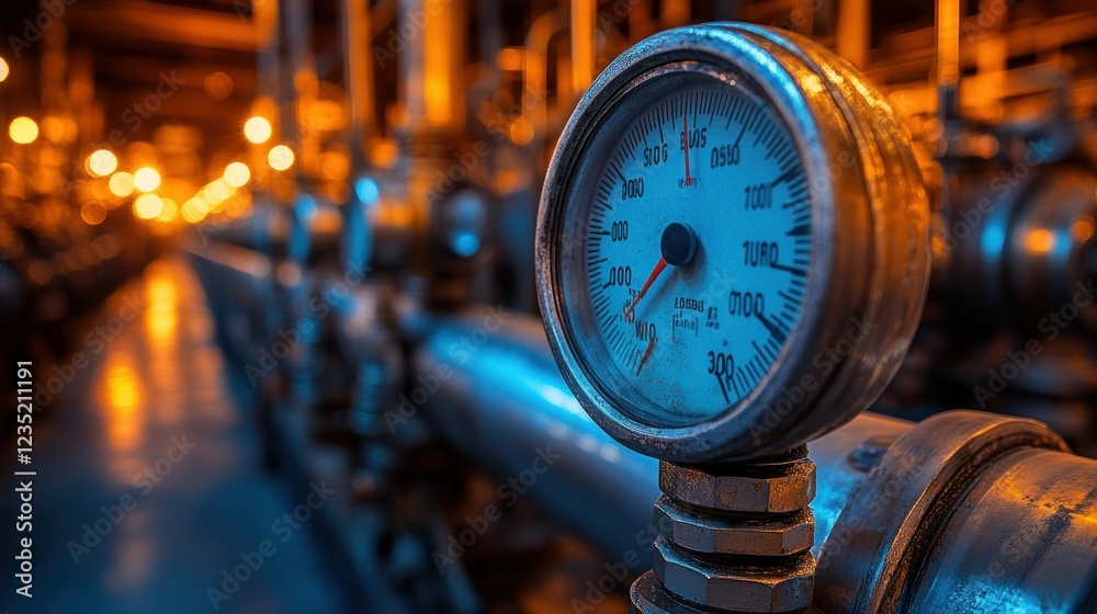 Fototapeta premium Industrial pressure gauge in a pipeline, factory setting