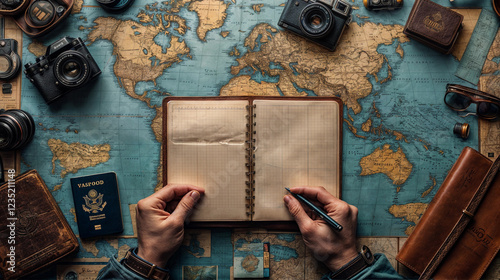 Aerial view of hands writing in a travel notebook against a background of travel items such as a world map and cameras